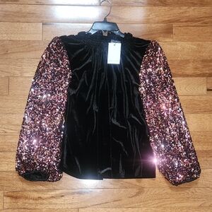Sugar Lips Velvet Top Sequin Sleeve Blouse Size S Black Party Statement